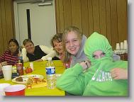 Meredith, Megan, Micaelah, Ms. Tammy, and Robin saying HEY at breakfast.